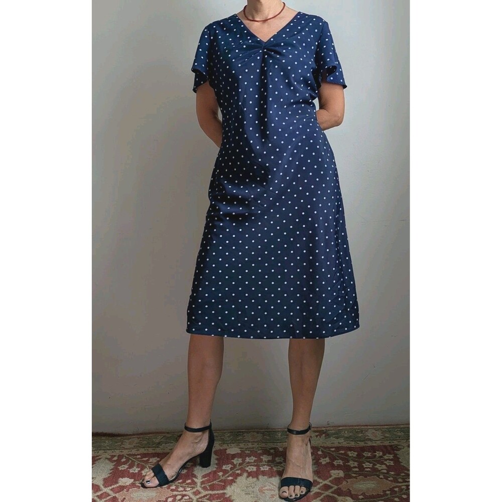 Vintage 90s Does 40s 50s Navy Blue Polka Dot Dress Size 8 Bias Cut Feminine Midi
